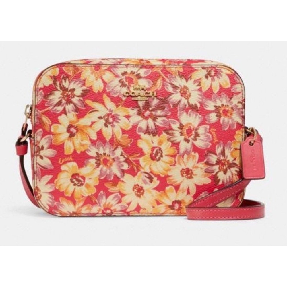 Coach Mini Camera Bag Gold Red Multi Floral Print Crossbody Handbag C8699
